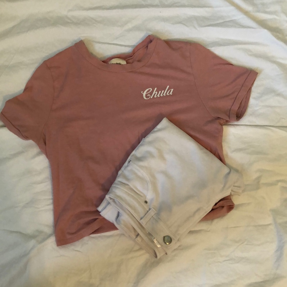 Pink top and white cotton capris